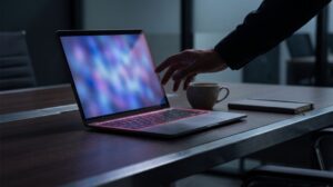 Main hésitant au-dessus d'un ordinateur portable affichant une interface d'intelligence artificielle