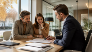 Un conseiller bancaire étudie un dossier de crédit à la rentrée.